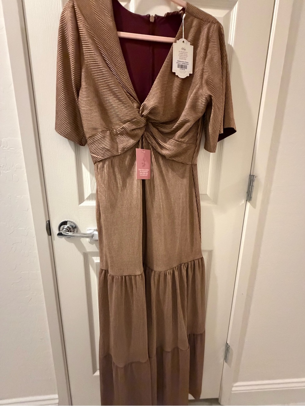 Ivy City Co Metallic Tan Knot-Front Maxi Dress